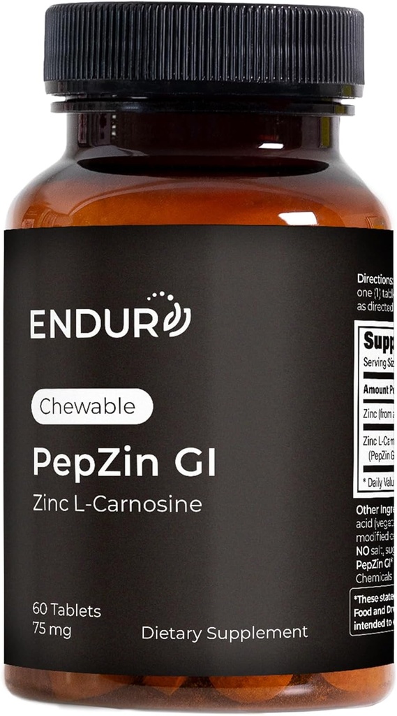 Endur PepZinGI ZINC- CARNOSINE tyggetabletter, fordøjelsestilskud, genert & effektiv formel for fordøjelsesbesvær, gluten fri, 75 mg (60 tabletter)