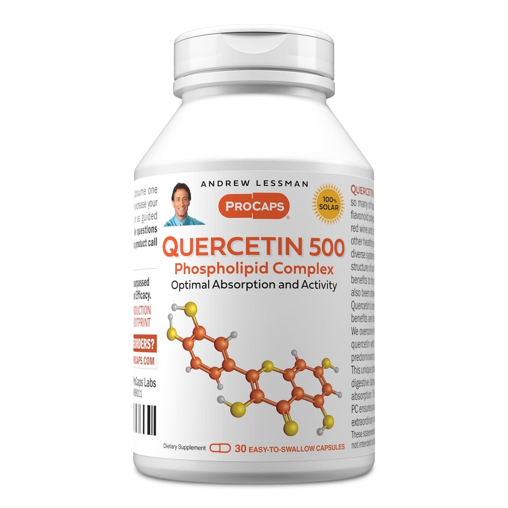 ANDREW LESSMAN Quercetin 500mg - 30 kapsler - 500 mg Unique Quercetin Phospholipid Complex, stærkt absorberbar formel til at understøtte sundt hjerte, kredsløb og immunfunktion. Ingen tilsætningsstoffer.