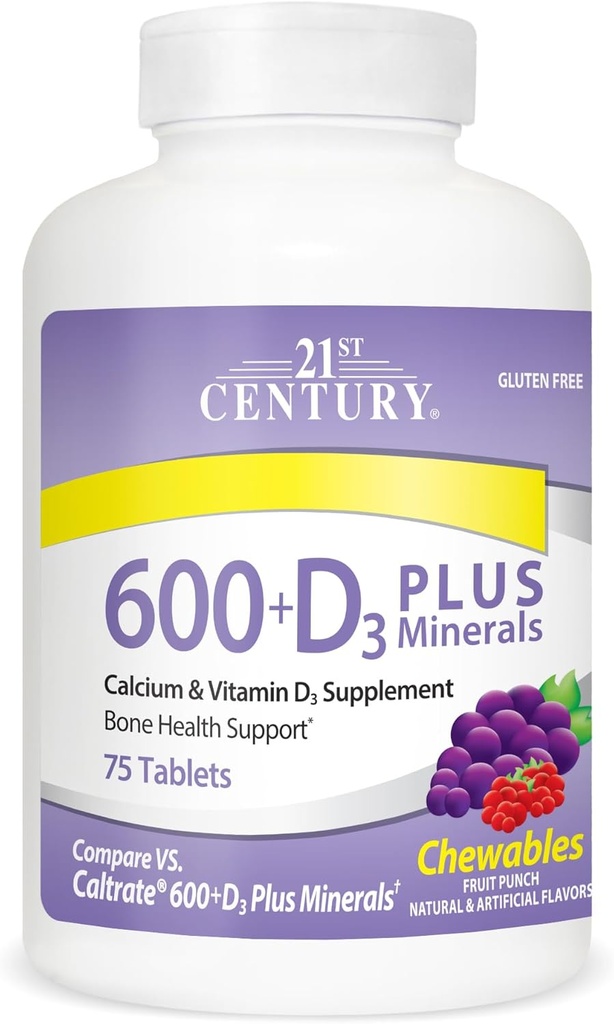 21. århundrede Calcium 600 mg + D Plus mineral tyggetabletter, 75 Tæl