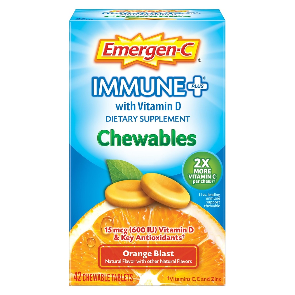 Emergen- C immun + tyggetabletter 1000mg vitamin C med vitamin D tablet, immuntilskud Kosttilskud til immunitet, Orange Blast Flavor - 42 Tæl
