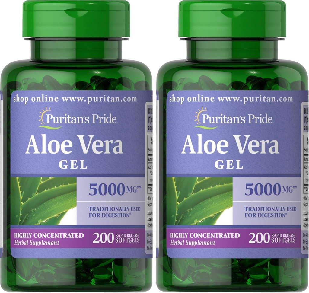 Puritans Pride Aloe Vera Extract 25mg (5000mg Ækvivalent) Softgels, 200 Count (Packaging May Vary) (pakke af 2)