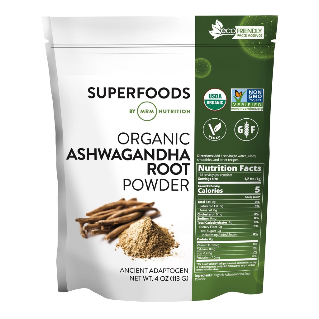 MRM Nutrition Organic Ashwagandha Root Powder Б124; Superfoods.124; Ancient adaptogen Б124; Antioxidants Б124; Vegan + Gluten- Free Б124; 113 Servering