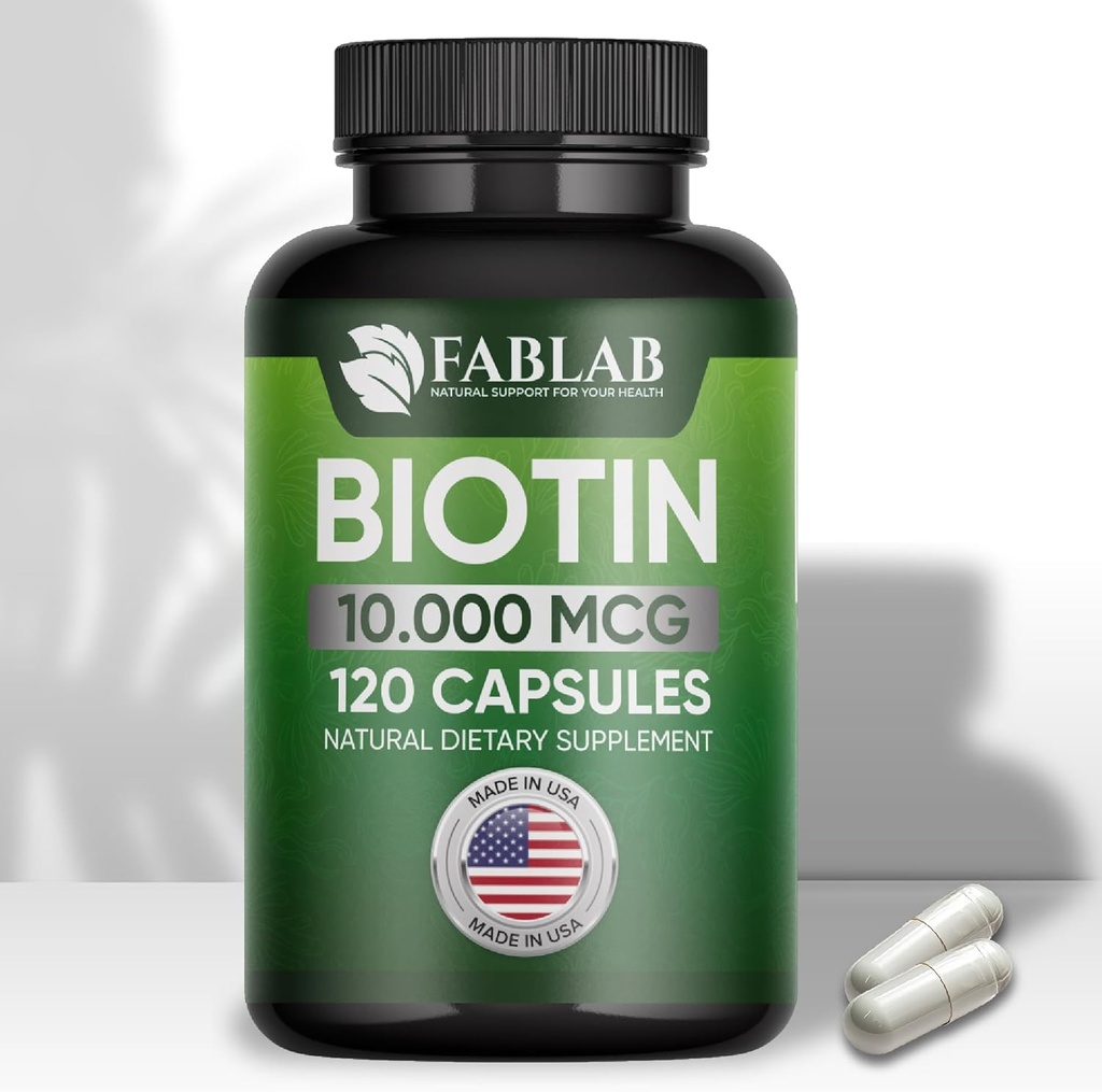 FabLab Biotin 10000 mcg vitaminer med collagen, Keratin til kvinder og mænd - Biotin hår hud negle supplement til hår, hud og negle Wellness - Made in USA, 120 Kapsler