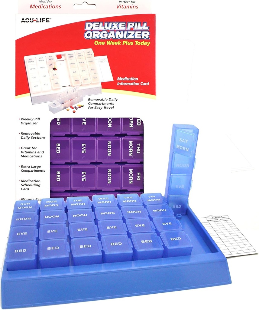 Acu- Life Weekly (7-dag) Pill Case, Medicine Planner, Vitamin Organizer, Pop- Out Compartments, 4 gange om dagen, Let at bruge, Color May Vary, BPA Free