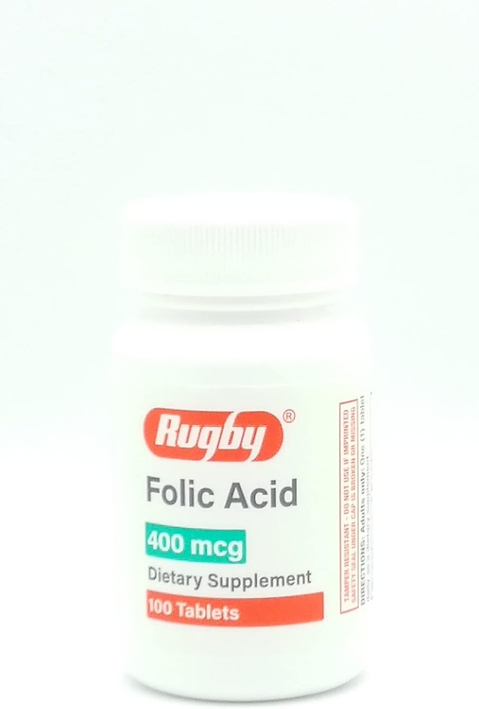 Rugby Laboratories Folic Acid 400 mcg Vitamin B9 Folate Daily Dietary Supplement Gluten Free Supports Cardiovaskulær Health 100 Tablets for adult Only (Pack of 1)