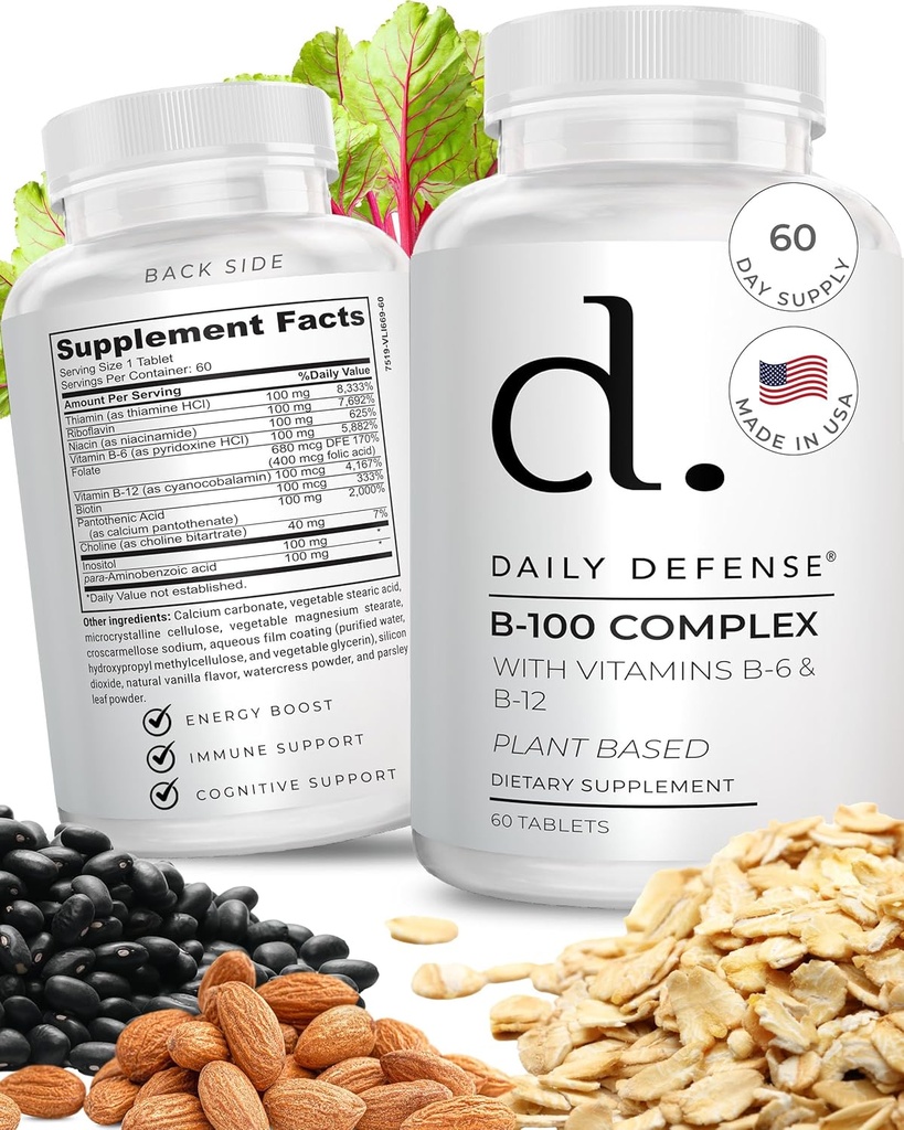 B Komplekse vitaminer til mænd og kvinder B - 100 Kompleks med vitamin B - 6, vitamin B - 12, thiamin, & mere - Plantebaserede energitilskud til immun- og kognitiv støtte - 60 tabletter