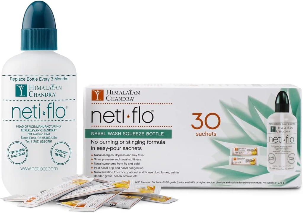 Himalayan Neti Flo Nasal Wash Flaske med 30 sakse, 10 Ounce
