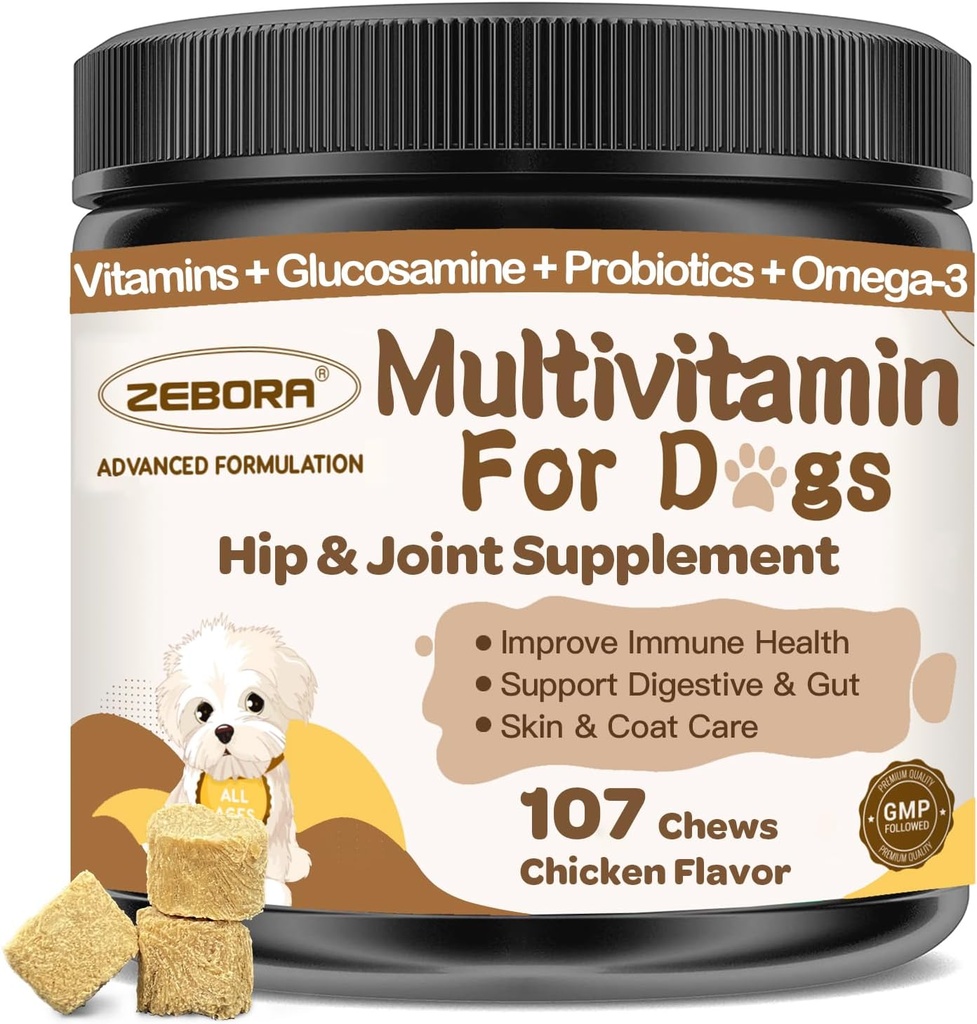 Hund Multivitamin med mineraler for den samlede sundhed - Hund vitaminer og kosttilskud med Glucosamin, Probiotika til hvalpe & seniorhunde med mineraler - Omega 3 Fiskeolie til hud & Coat - 107 Tyg