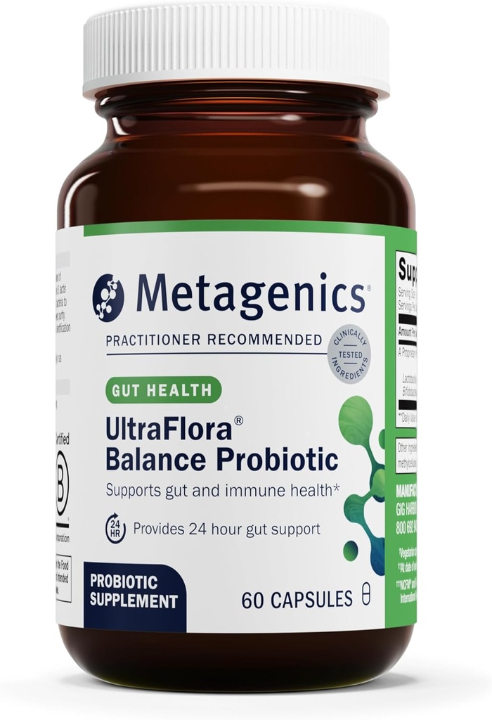 Metagenics UltraFlora Balance Probiotic - Shelf- Stable Daily Gut Health Supplement for fordøjelse og immunforsvar * - Non- GMO & Gluten- Free - 60 kapsler