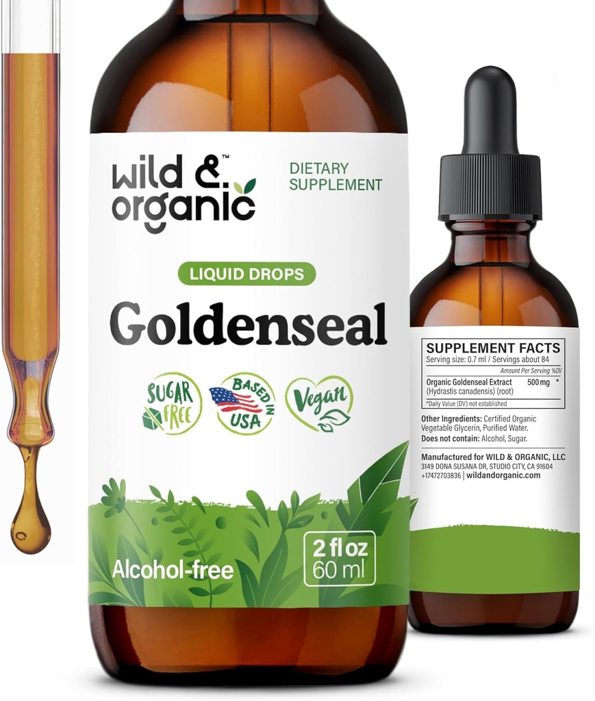 Wild & Organic Goldenseal Root Tincture - Lung Cleanse, Immune & Digestive Support - Liquid Goldenseal Supplement - Vegan, Sugar & Alcohol-Free Herb Drops - 2 fl oz