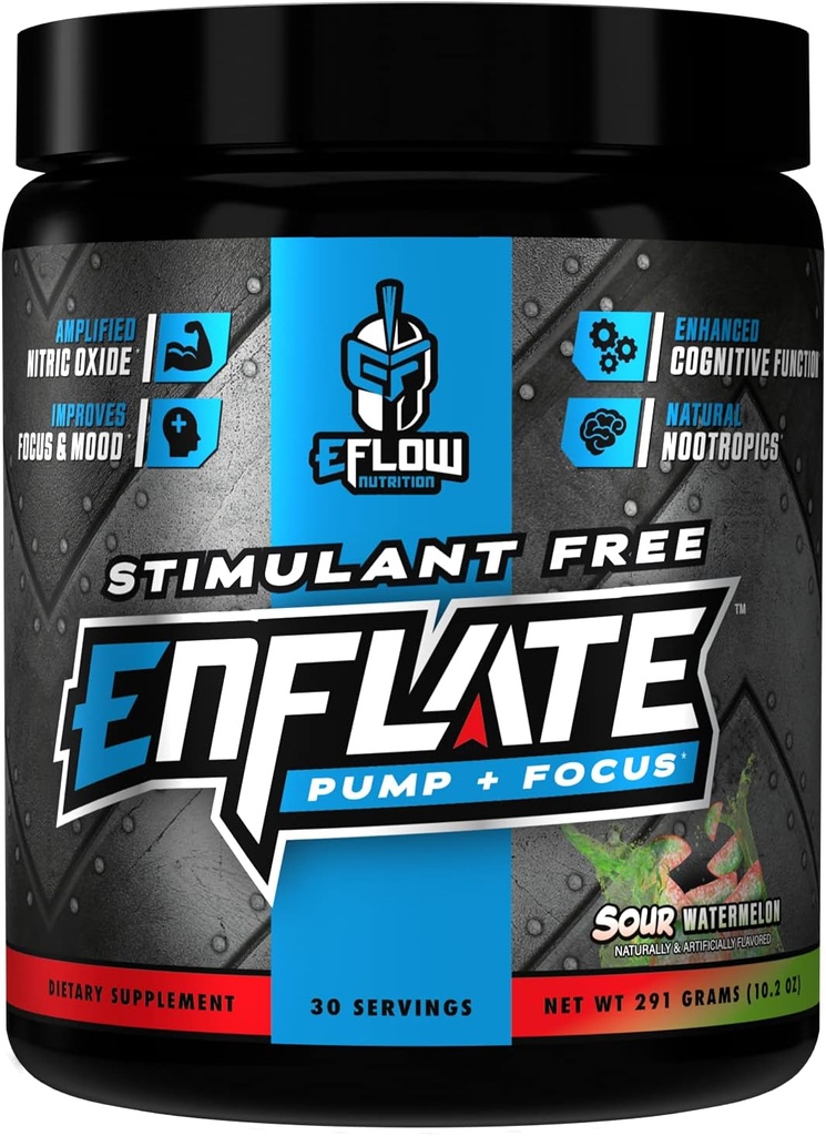 eFlow Nutrition Enflate Stimulant Free Preworkout Supplement - Pump og Focus Nootrop Pre Workout Powder to Boost Focus for Mænd & Kvinder - Sour Watermelon (30 Servere)