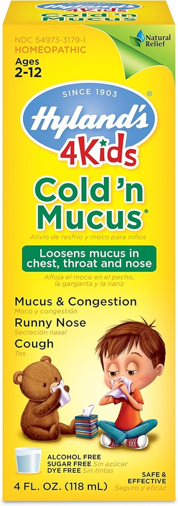 Hyland 's Cold Medicine for Kids Age 2 og op, Cold' n Mucus Relief Liquid, Natural Relief of Mucus and Congestion, Runny Nose, Hough, 4 Ounces