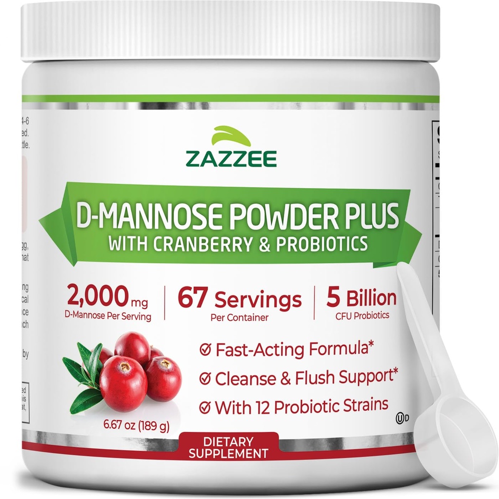 Zazzee D- Mannose Powder Plus, 2000 mg, 67 Servering, Potent & Fast- Funktion, Plus 5 Millioner CFU Probiotika og Pure Cranberry Juice Extract, Kosher, Free Scoop, 6.5 Oz, Gluten- Free, Non- GMO All- Natural