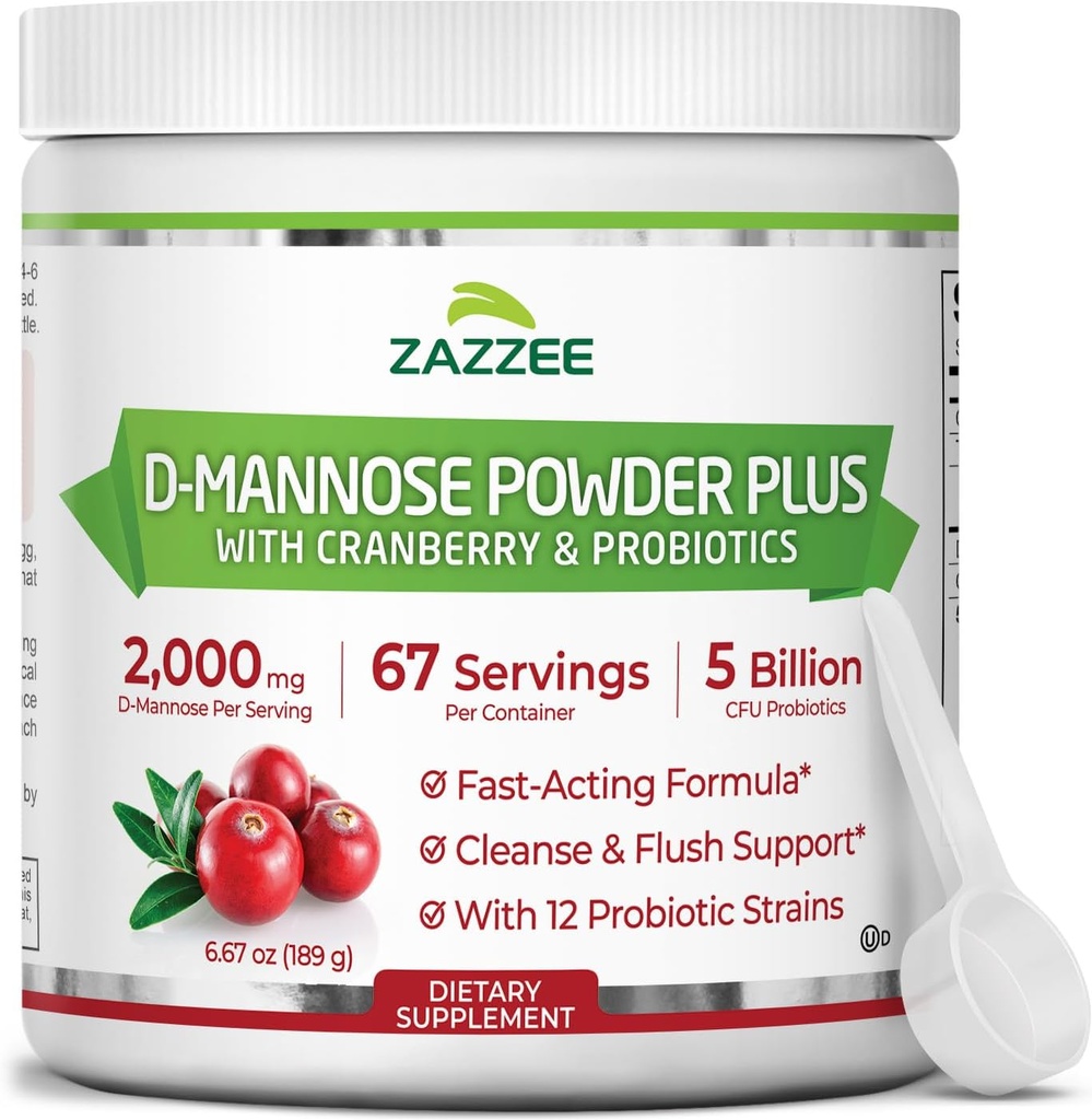 Zazzee D- Mannose Powder Plus, 2000 mg, 67 Servering, Potent & Fast- Funktion, Plus 5 Millioner CFU Probiotika og Pure Cranberry Juice Extract, Kosher, Free Scoop, 6.5 Oz, Gluten- Free, Non- GMO All- Natural