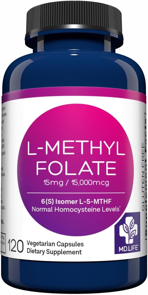 MD Life L- Methylfolat 15 mg Supplement - Professionel - Grade Aktiv L Methylfolat Supplement - 120 kapsler - L- Methylfolat 15mg - Maksimal potens MTHFR W / essentielle aminosyrer