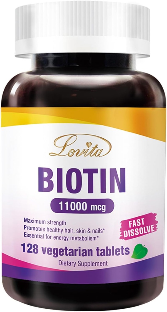 LOVITA Maksimal styrke 11,000mcg Biotin: Fast- Opløsning, Vegetariske tabletter - Let Absorberet, Gluten & Dairy- Free, 128 Vegan- Friendly Tablets