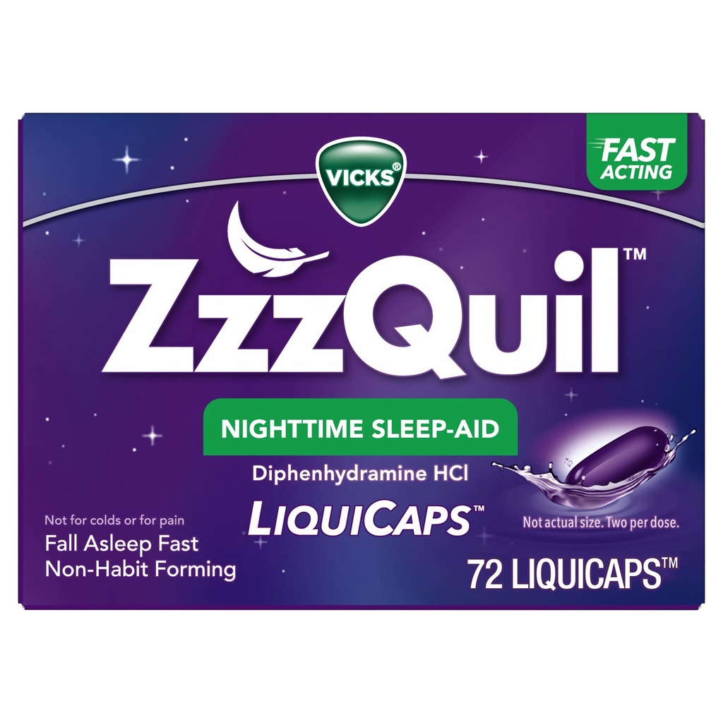 ZzzQuil LiquiCap Sleep Aid, Diphenhydramin 25mg HCl, Sleep Aid til voksne, Nighttime Sleep Aid, 72 LiquiCaps