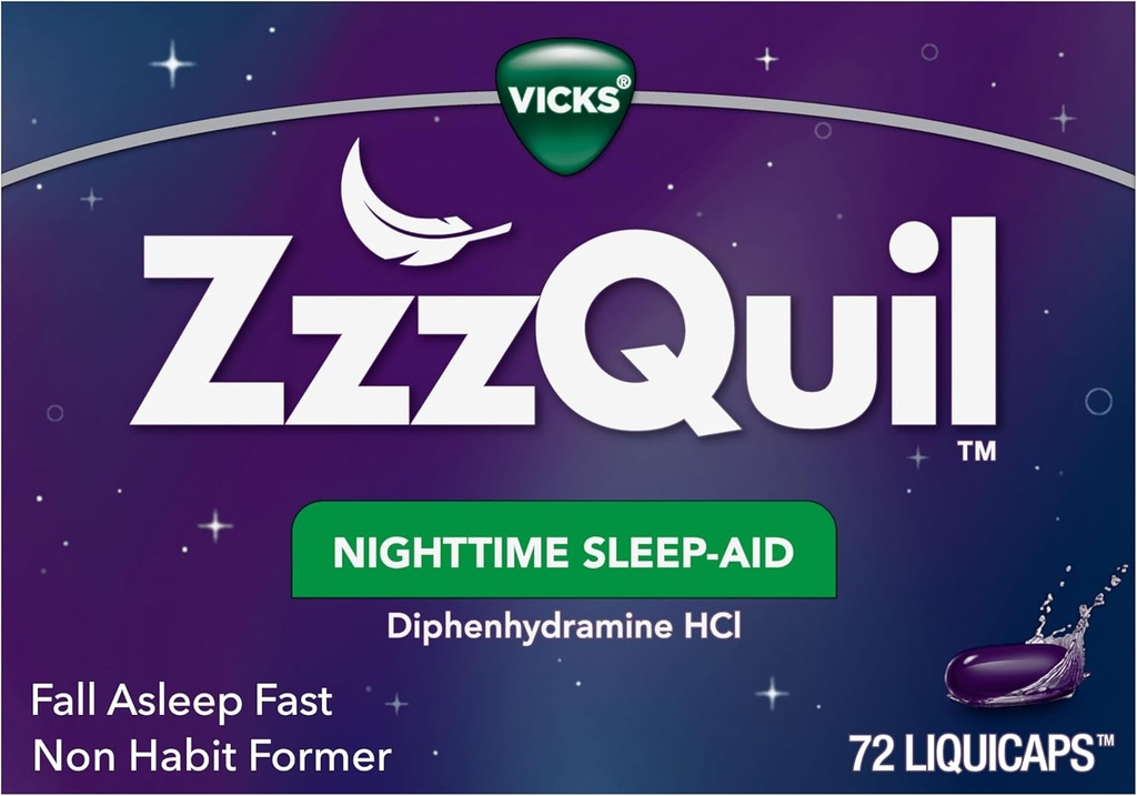 ZzzQuil LiquiCap Sleep Aid, Diphenhydramin 25mg HCl, Sleep Aid til voksne, Nighttime Sleep Aid, 72 LiquiCaps