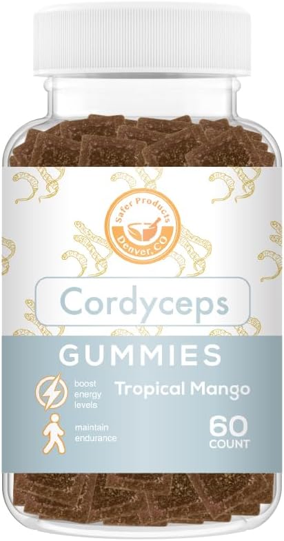 Cordyceps Mushroom Gummies - Kan støtte energi, Endurance og Stamina - Tropical Mango Flavor - Vegan, Non- GMO, Gluten- Free, Gelatine Free - 60 Greve