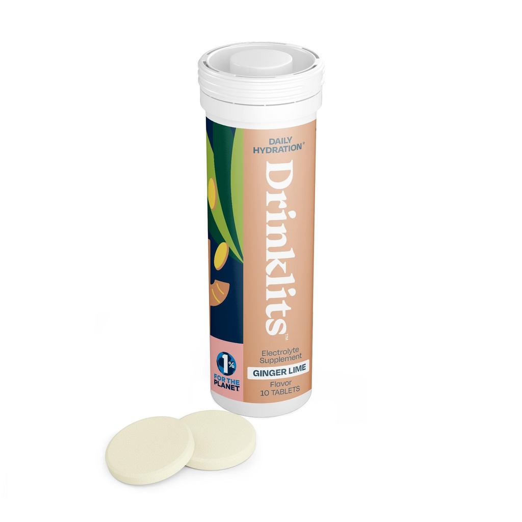 Drinklits Ingefær Lime Electrolyte Tablets for Hydration Note 124; Great Taste - 0g Sugar - Essential Electrolytes - Daily Use