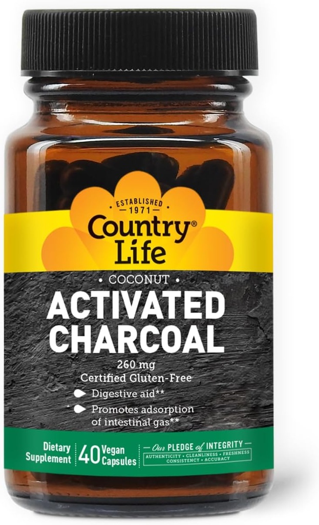 Country Life Kokos Aktiveret kul kapsler, 260mg - Natural kul supplement til gas og Bloating Relief - Glutenfri, 40 Veganske kapsler