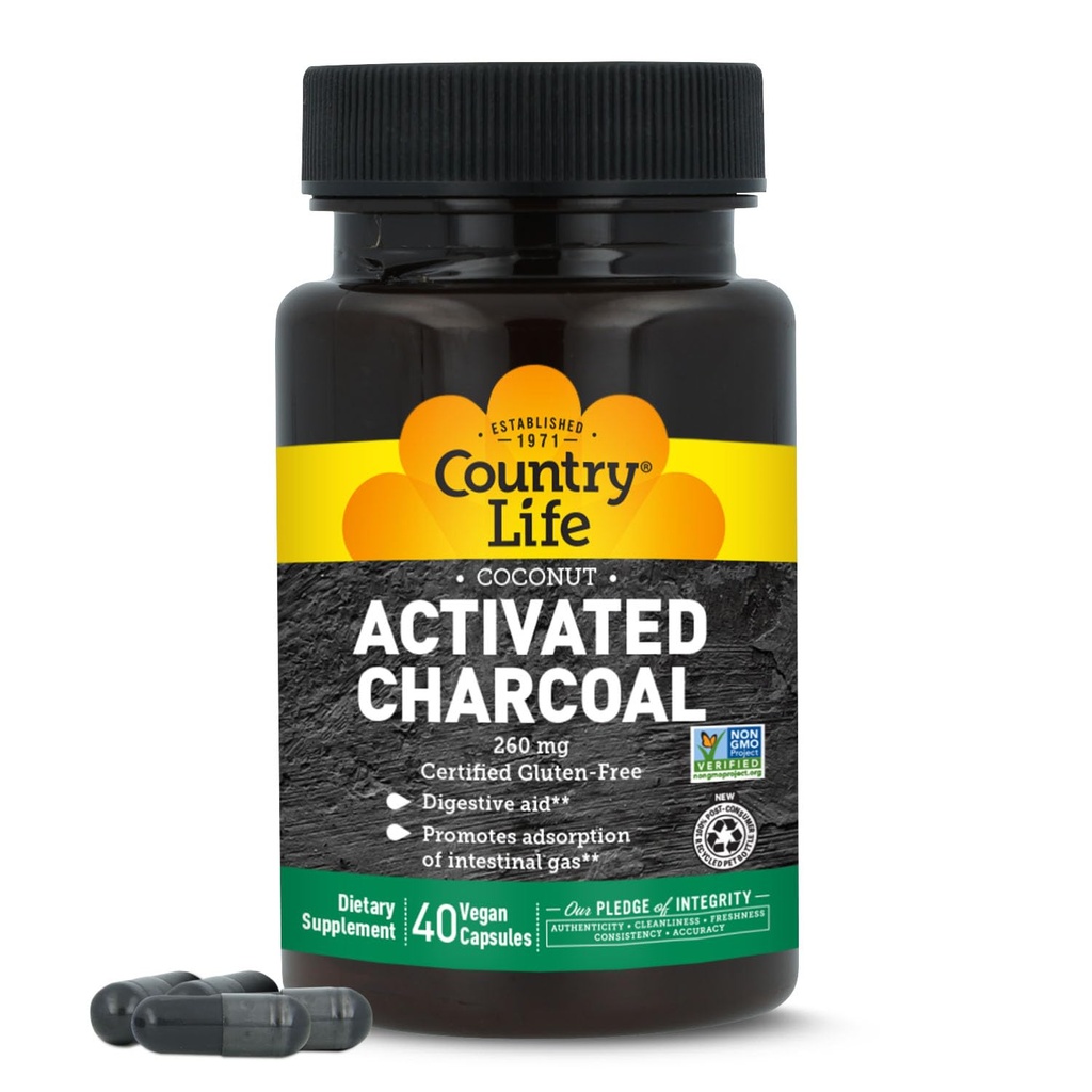 Country Life Kokos Aktiveret kul kapsler, 260mg - Natural kul supplement til gas og Bloating Relief - Glutenfri, 40 Veganske kapsler