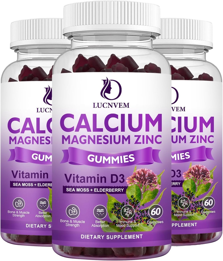 Calcium Magnesium Zink Gummies witn Elderberry and Sea Moss, Calcium Magnesium 2: 1, Indeholder Magnesium Glycinat, D3- vitamin, til knogler, Muskler, Calm Mood & Sleep Support, 60 Gummies (3 pakker)