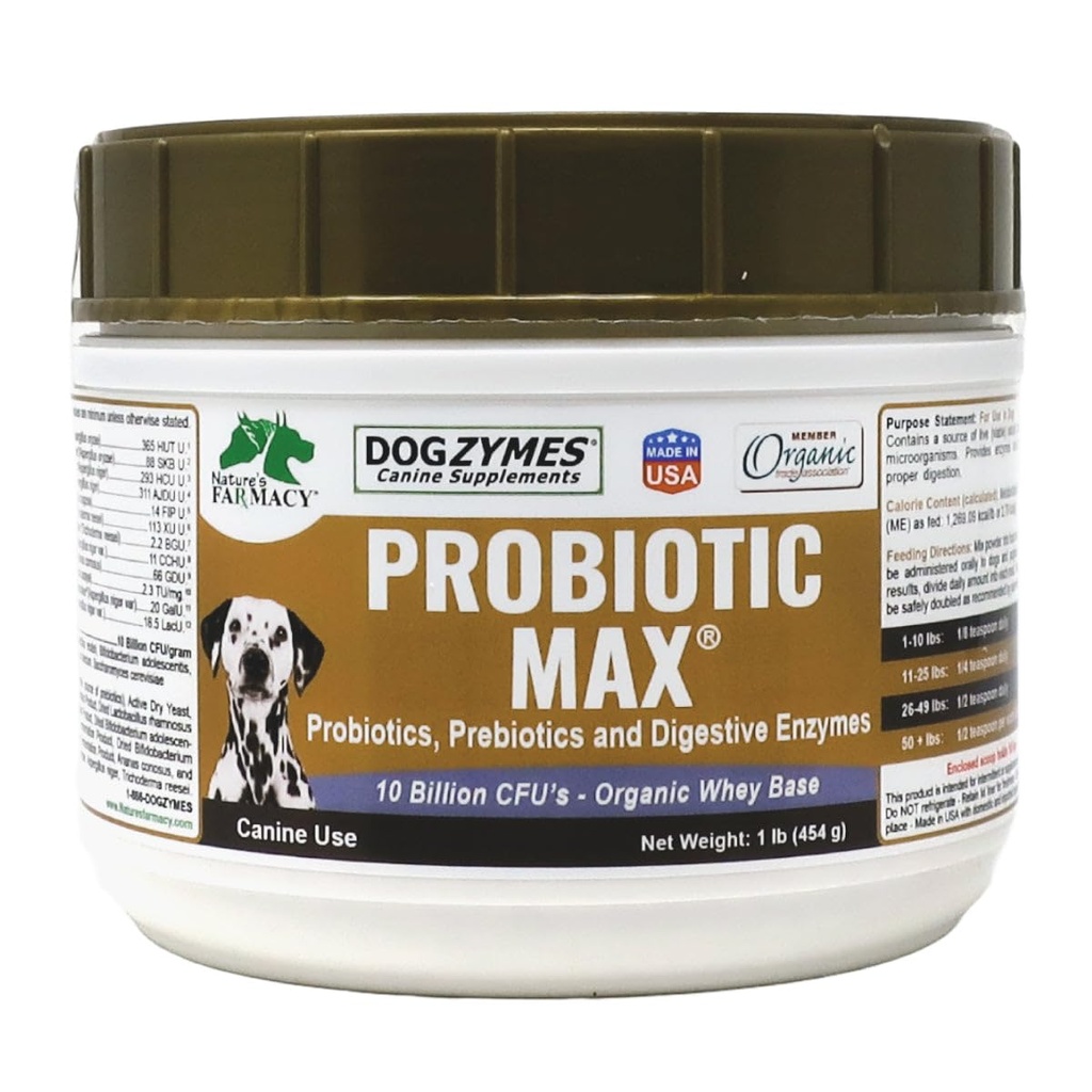 Dogzymes Probiotisk Max -10 Millioner CFU 's Probiotika, Prebiotika, fordøjelsesenzymer - Relieves Diarré, Opsat Mave, Forstoppelse, Gas, Allergi, Immunitet & Samlet Sundhed 1 Pund