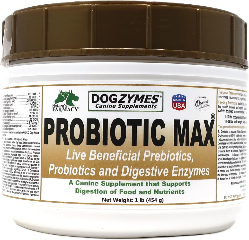 Dogzymes Probiotisk Max -10 Millioner CFU 's Probiotika, Prebiotika, fordøjelsesenzymer - Relieves Diarré, Opsat Mave, Forstoppelse, Gas, Allergi, Immunitet & Samlet Sundhed 1 Pund