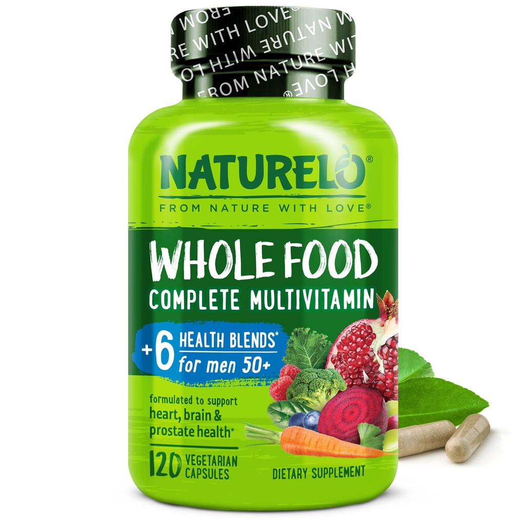 NATURELO hel mad Multivitamin til mænd 50 + - med vitaminer, mineraler, Organic Herbal Ekstrakter - Vegansk Vegetar - for energi, hjerne, hjerte og øje sundhed - 120 kapsler