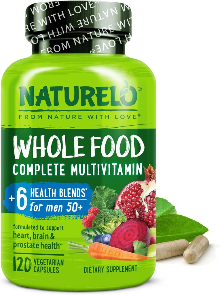 NATURELO hel mad Multivitamin til mænd 50 + - med vitaminer, mineraler, Organic Herbal Ekstrakter - Vegansk Vegetar - for energi, hjerne, hjerte og øje sundhed - 120 kapsler