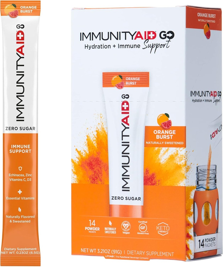 LIFEAid IMMUNITYAID GO! Zero Sugar Immunity + Hydration Packet, C-vitamin, Echinacea, Zink, Astragalus Root, Keto- venlig, Vegan & Gluten- Free, 5 kalorier, naturligt sødet, Ingen koffein, 14 Pack