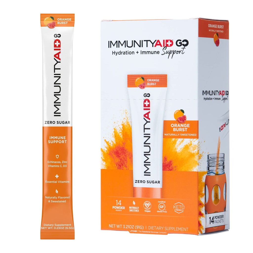 LIFEAid IMMUNITYAID GO! Zero Sugar Immunity + Hydration Packet, C-vitamin, Echinacea, Zink, Astragalus Root, Keto- venlig, Vegan & Gluten- Free, 5 kalorier, naturligt sødet, Ingen koffein, 14 Pack