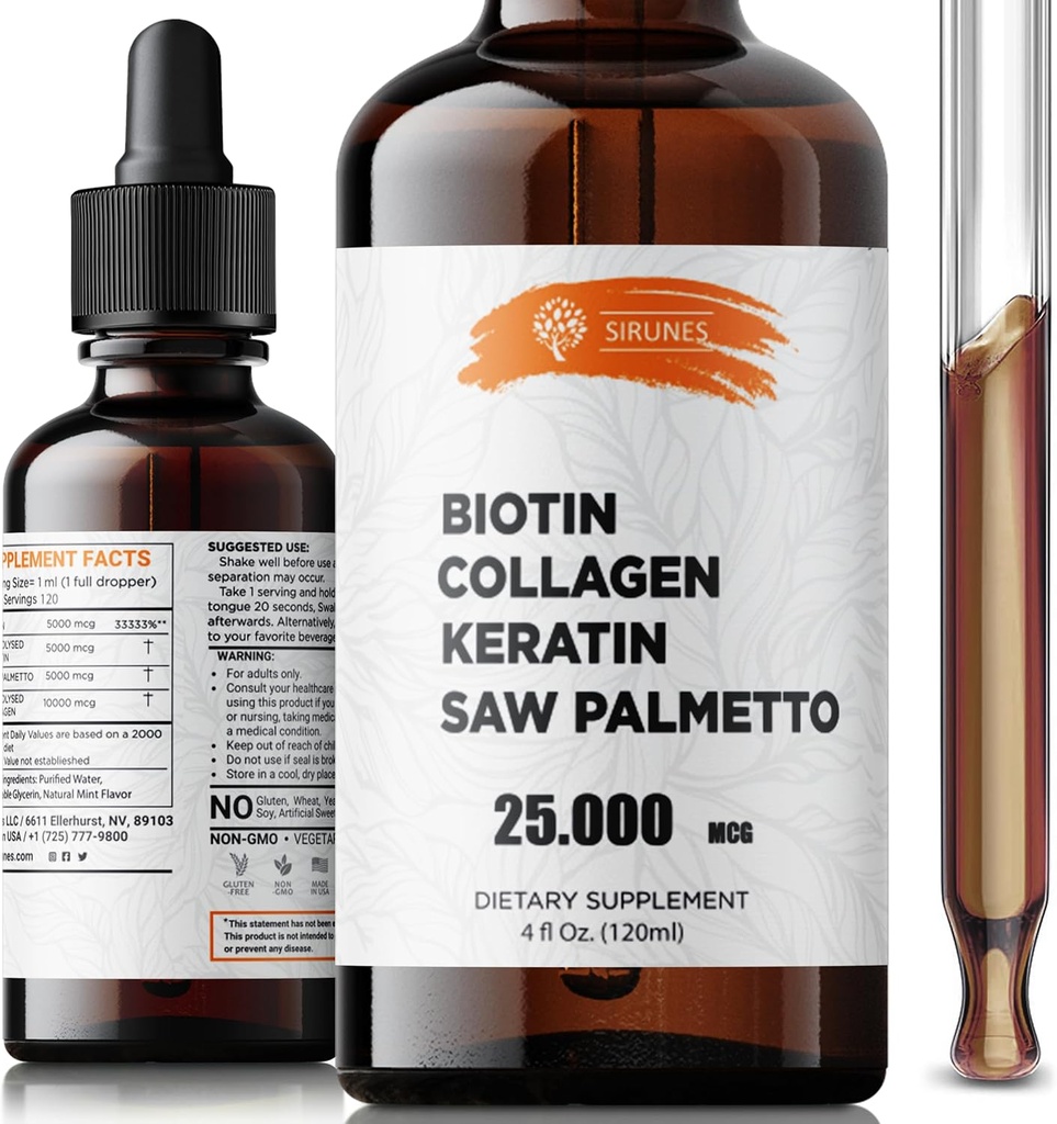 Liquid Biotin and Collagen – Hair, Skin & Nails Supplement with 10,000 mcg Collagen, 5,000 mcg Biotin, 5,000 mcg Keratin & Saw Palmetto – Made in USA, 4 fl oz