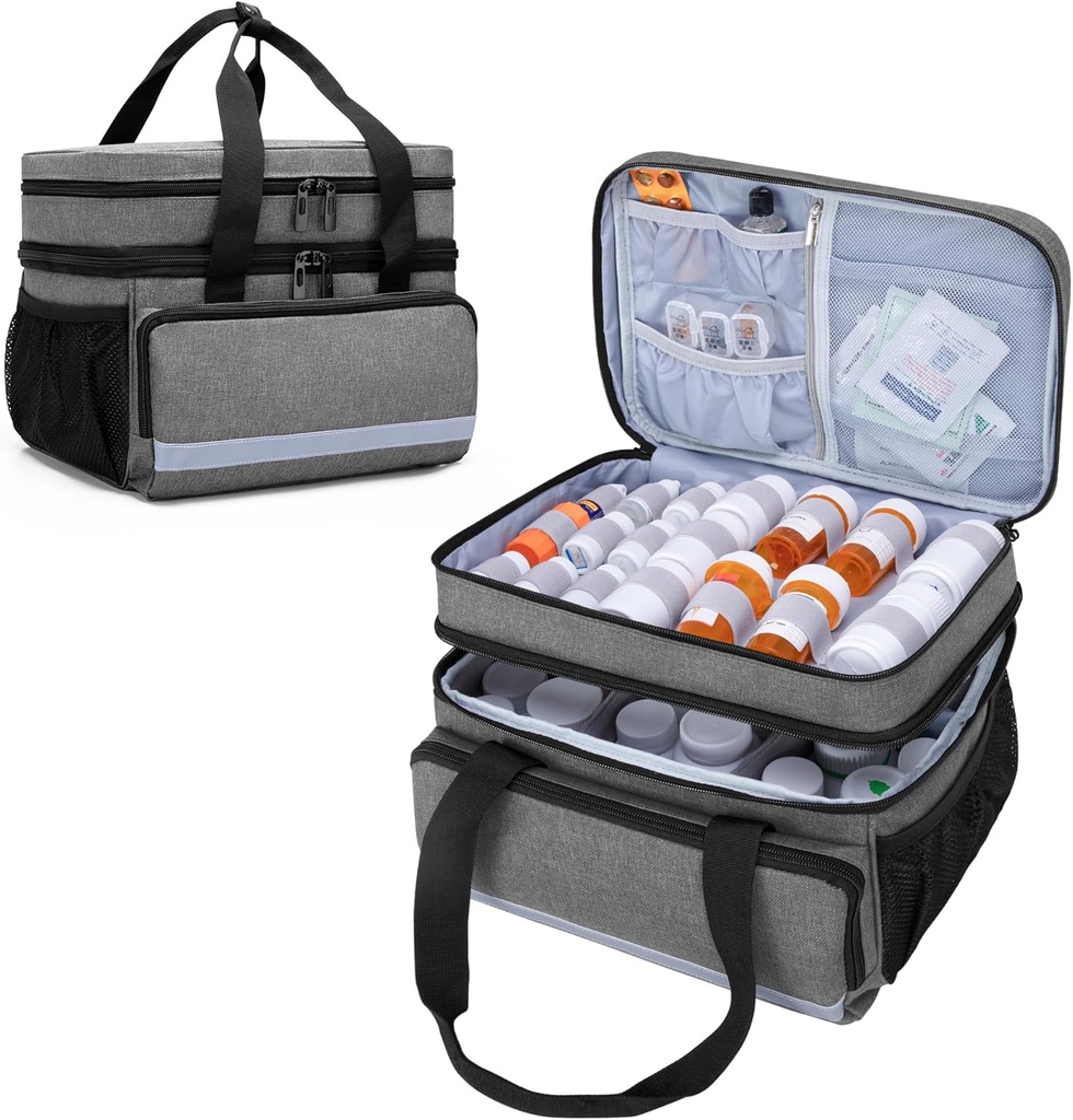 CURMIO Double Layer Pill Flaske Organizer Bag Tom, Medicin Organizer Storage Case med Lockable Zippers, Medicin Travel Bag til receptpligtig Flasker, Medicinske forsyninger, Gray (Patent Design)