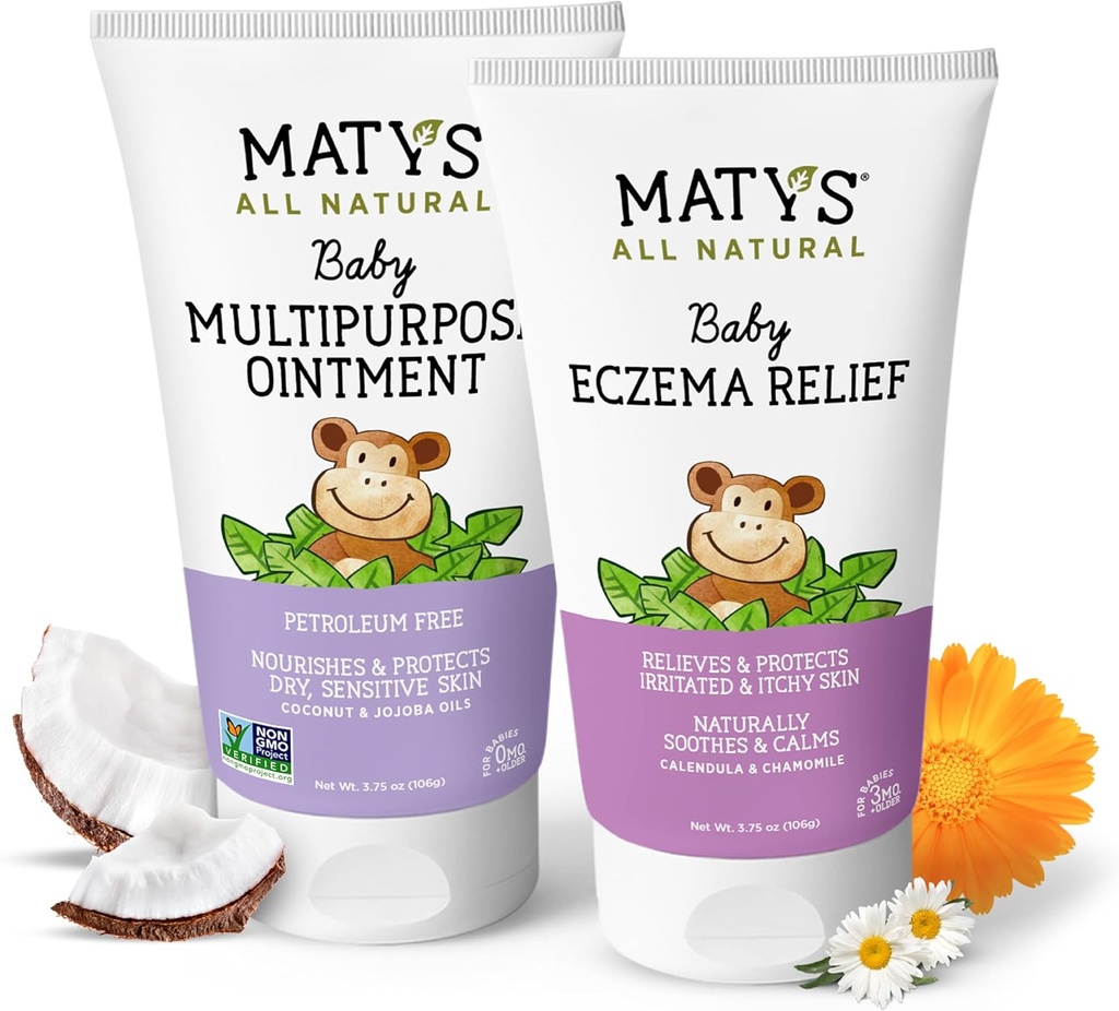 Matys Baby Eksem & Multipurpose Salve 2pk Combo til Babyer 3 måneder +, Sothe Eksem & Nourish Dry Skin, Steroid / Petroleum fri, 3.75oz hver Tube