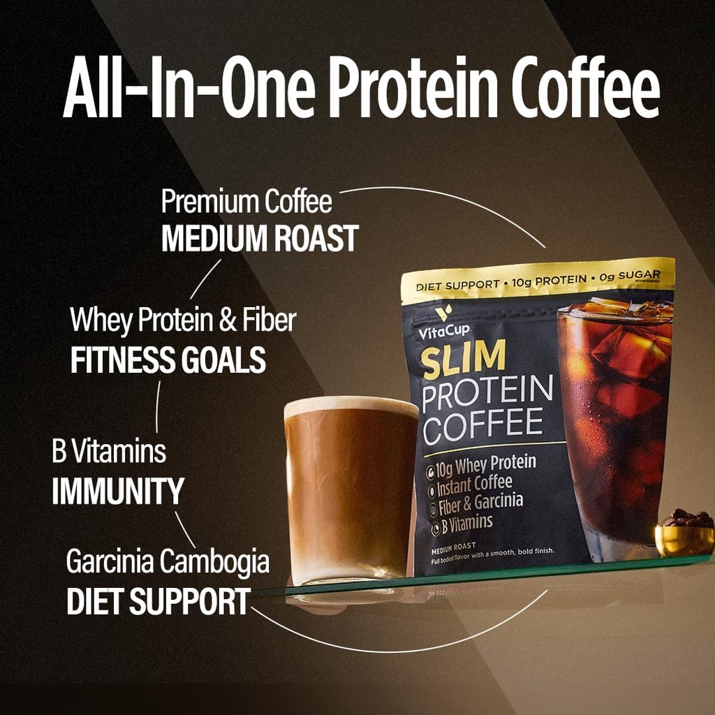 VitaCup Slim Protein Coffee Shake for Diet Support, Instant Coffee w / Whey Protein Powder, B Vitamin & Fiber, Dietitian Udviklet til ydeevne og smag, Gør som Iced Coffee eller Shake, 20 Serveringer