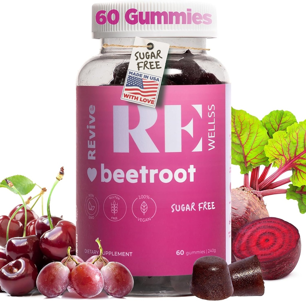 Beet Root Gummies med Grape Seed Extract Energy Supplements I Sugar Free Nitric Oxide Supplements for Men & Women I Total Health & Blood Pressure Support I 60 Gummies - Cherry Flavor