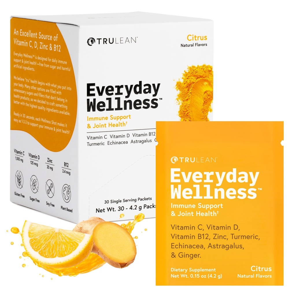 TRULEAN Everyday Wellness Shot Powder | Immune Support Drink Mix with Vitamin C, Ginger, Turmeric & Electrolytes | 0 Sugar, Gluten Free | 30 Packets