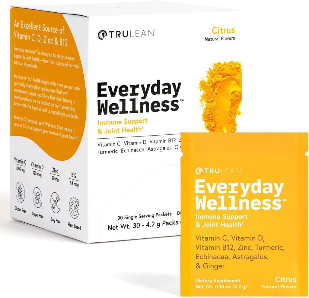 TRULEAN Everyday Wellness Shot Powder - Gurkemeje, Ingefær, C-vitamin, Immunitet & immunforsvar Support - Ingen kunstige ingredienser, Ingen Sukker & Gluten Free - 30 Pakker Citrus Flavor