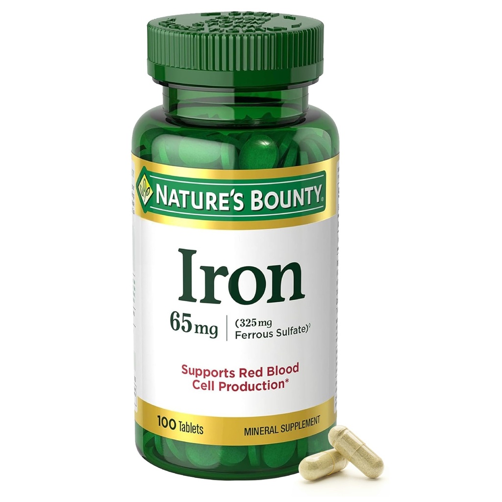 Nature 's Bounty Iron 65mg, 325 mg Ferrosulfate, Cellular Energy Support, fremmer Normal Red Blood Cell Production, 1 Servering per dag, Gluten Free, 100 vegetariske tabletter
