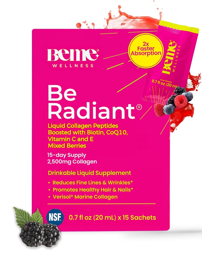 BeMe BeRadiant Flydende kollagen peptid til hår, hud og negle med 2X hurtigere absorption - klinisk testet - 2500mg Verisol Hydrolysed Collagen Kosttilskud til kvinder med biotin, CoQ10 & C-vitamin
