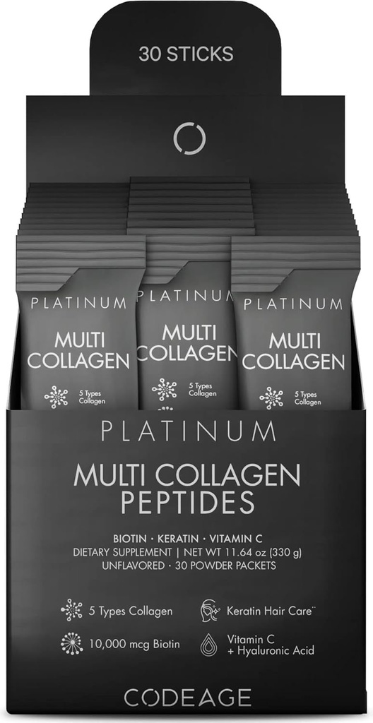 Kodeage Multi Collagen og Biotin 10.000 mcg + C-vitamin, B6 & D3, Keratin, Hyaluronsyre, Niacin, 18 Aminosyrer - Stick Packs Supplement - 5 typer Collagen Protein - 30 Powder Pakninger