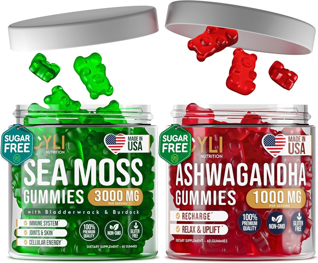 Irish Sea Moss & Ashwagandha Gummies - Ashwagandha Kosttilskud & Sea Moss Supplement for voksne, Kids - Irish Sea Moss Bladerwrack Burdock Root Ashwagandha - 60 Ashwagandha, 60 Irish Sea Moss Gummies