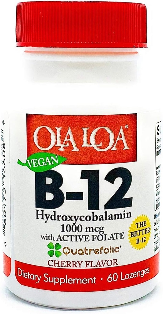 Ola Loa Vitamin B12 Sublingual Cherry Kosttilskud - HydroxyCobalamin, Active Folate, Vegan Formel - fremme din krops energi, nerve og hjerne support - 60 tabletter