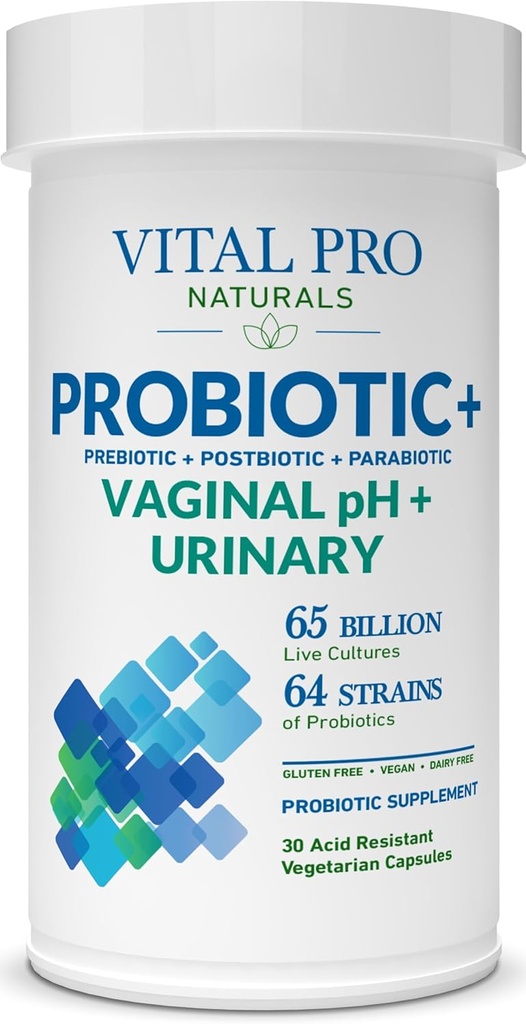 Vital Pro Naturals - Vaginal pH & Urinal Probiotika + Prebiotika, Postbiotika, Parabiotika, 4- in-1 Supplement for kvinder, høj potens, 64 Stains, fordøjelsesbesvær, vaginal, urinveje, immunforsvar, 30 ng