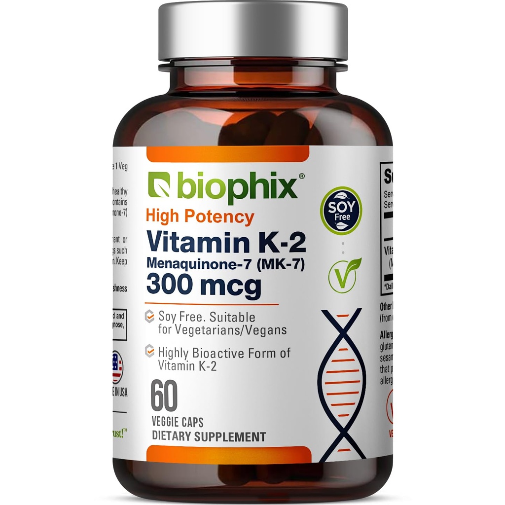 biophix vitamin K2 MK- 7 300mcg, 60 Veganske kapsler - højpotens supplement for ben styrke og immunforsvar