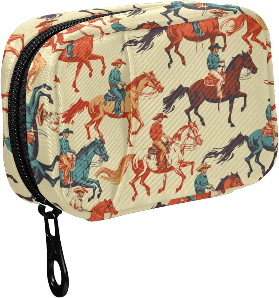 Fustylead Vibrant Retro Western Cowboy Horse Pill Organizer til purse, Ugentlig Portable Pill Box med lynlås til opbevaring Vitaminer Fisk Olier Medicin Kosttilskud