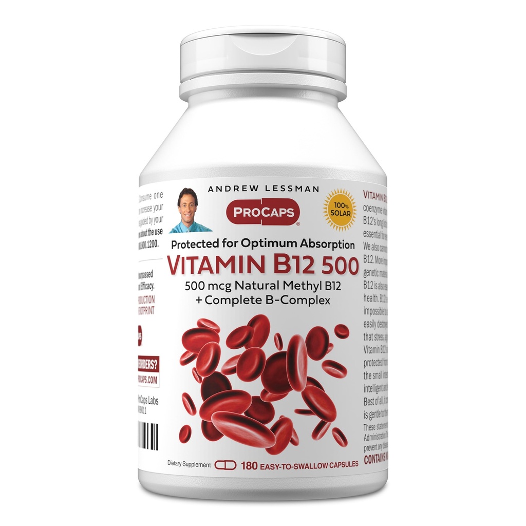 ANDREW LSSMAN Vitamin B12 500 180 Kapsler - Absorption- Protected Methylcobalamin (Natural Coenzym Vitamin B12), Essential for Energy and Stress Support, Plus B- Complex, Let at synke kapsler