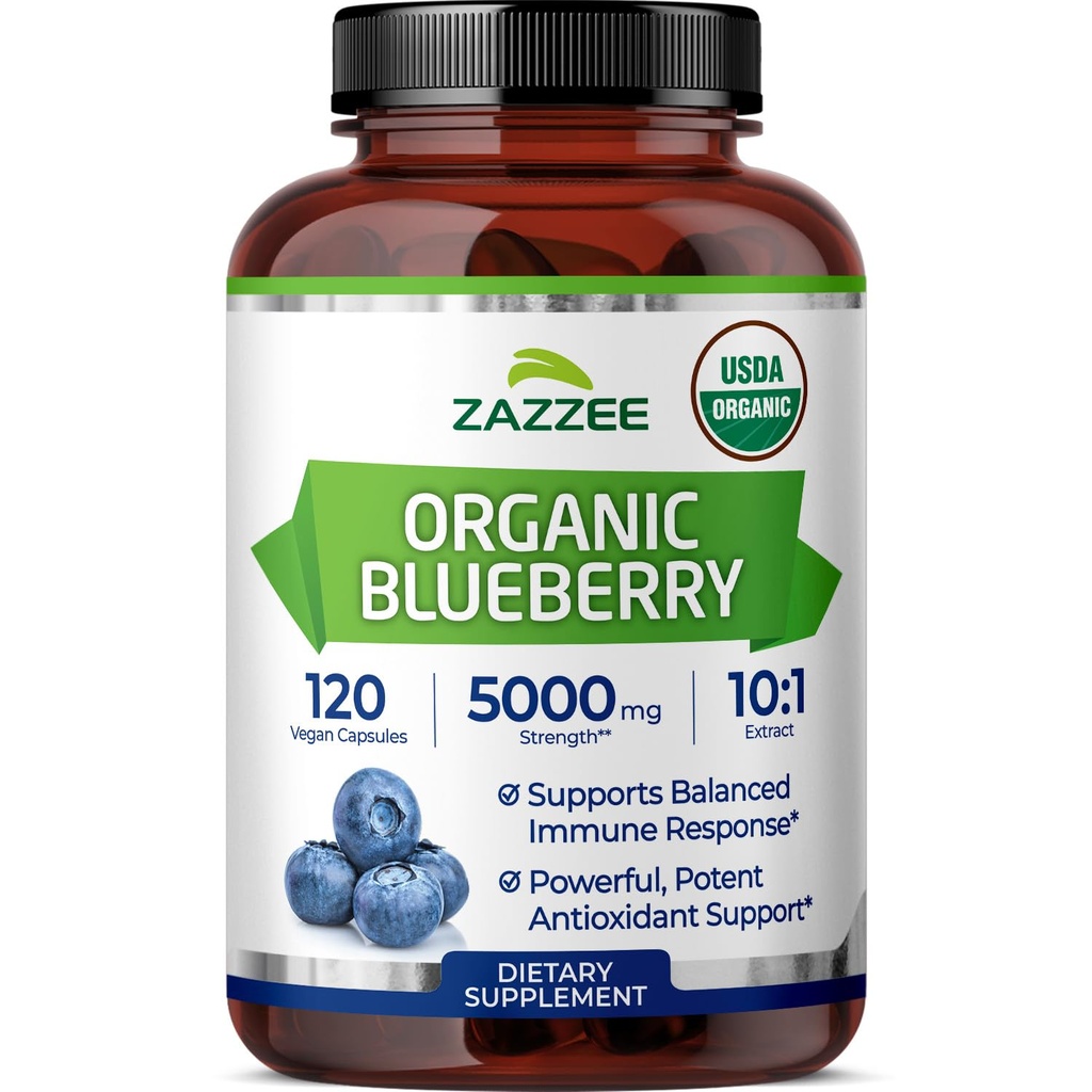 Zazzee USDA Organic Blueberry 10: 1 Extract, 5000 mg Strength, 120 Veganske Kapsler, 4 Måned Supply, Koncentreret og Standardized 10X hel frugt ekstrakt, 100% Vegetar, Non- GMO, Made in The USA